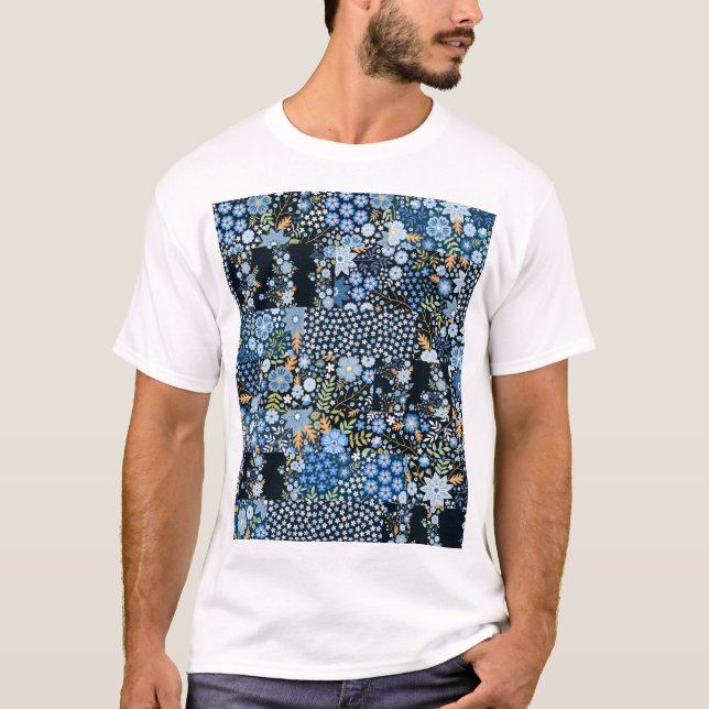 Patchwork Blåa blommor: Seamless Fabric. T Shirt (Framsida)