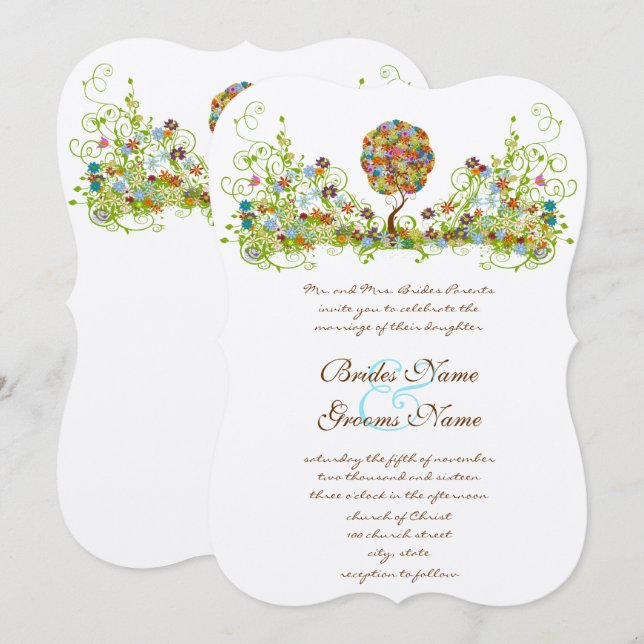 Patchwork Blomma Kärlek Träd Bröllopsinbjudan Inbjudningar (Fram/baksida)