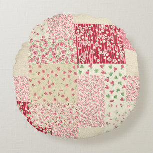 Patchwork Blommigt: Hand plockade Ornaments. Rund Kudde