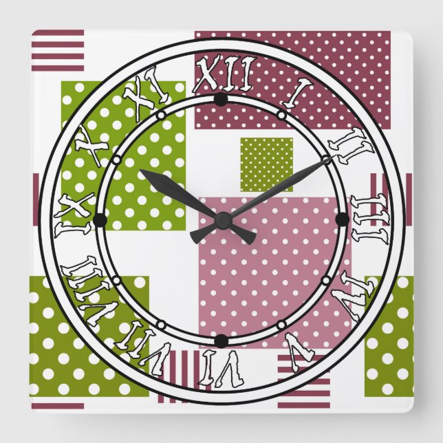 Patchwork brun grönt polka dots vit bak fyrkantig klocka (Framsida)