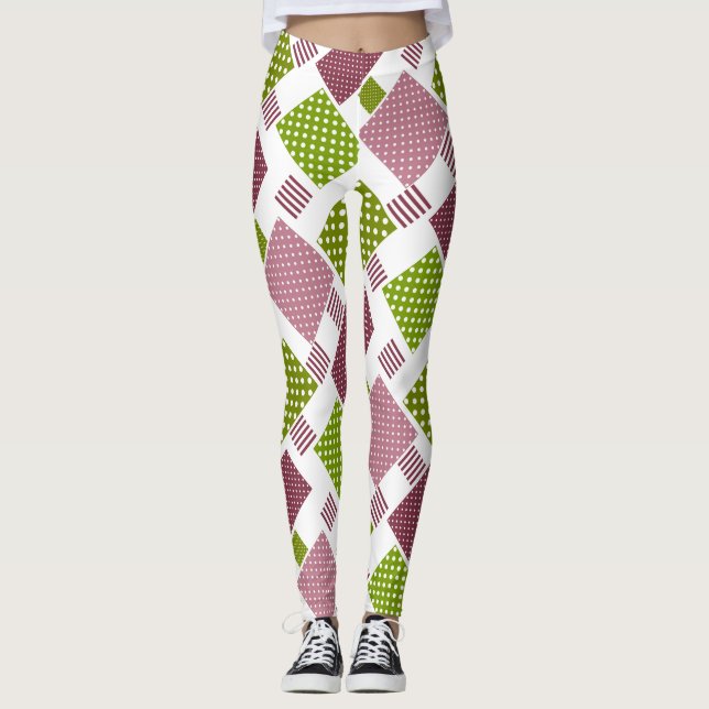 Patchwork brun grönt polka dots vit bak leggings (Framsida)