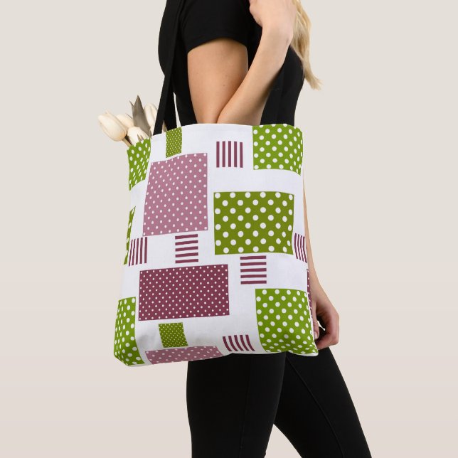 Patchwork brun grönt polka dots vit bak tygkasse (Närbild)