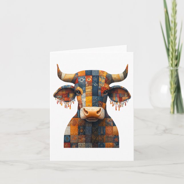 Patchwork Bull Hälsning Card Tack Kort (Framsida)