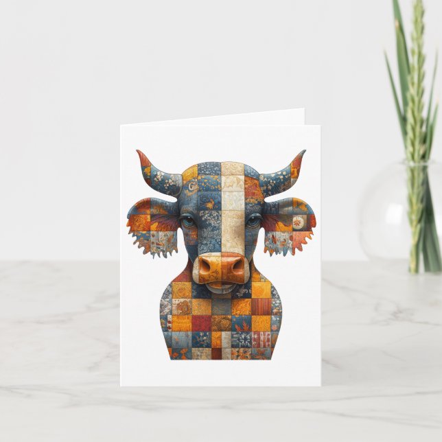 Patchwork Bull Hälsning Card Tack Kort (Framsida)