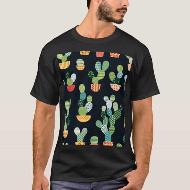Patchwork Cactus Plants Seamless Mönster T Shirt (Framsida)