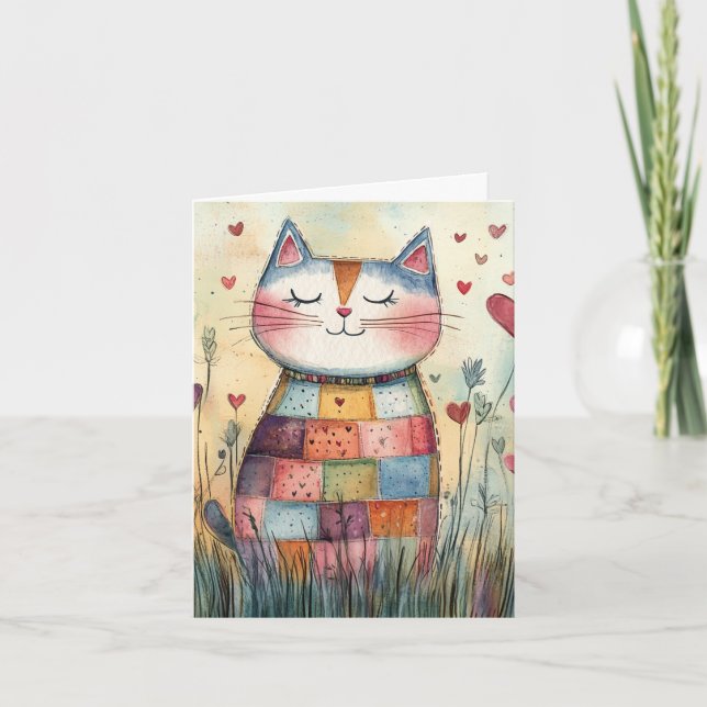 Patchwork Cat Valentine Helgdag Card Helgkort (Framsida)