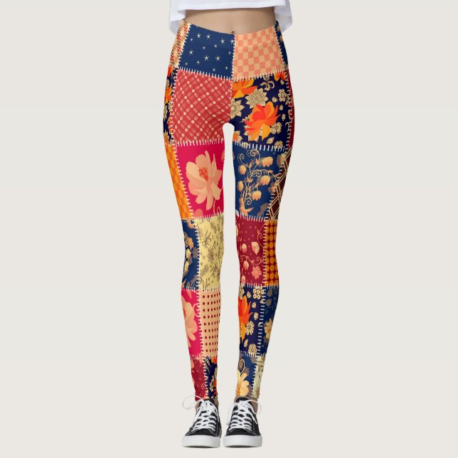 Patchwork Charm: Blommigt & geometrisk blandning Leggings (Framsida)