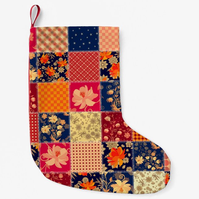 Patchwork Charm: Blommigt & geometrisk blandning Liten Julstrumpa (Framsidan)