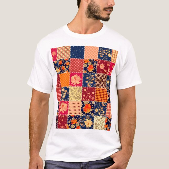 Patchwork Charm: Blommigt & geometrisk blandning T Shirt (Framsida)