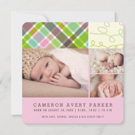 Patchwork Checkes Flicka Birth Notification Card Meddelande