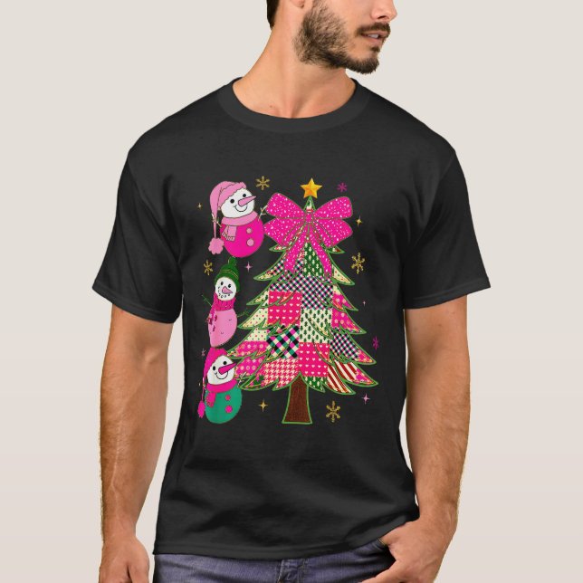 Patchwork Coquette Bow Xmas Snowman Holiday Christ T Shirt (Framsida)