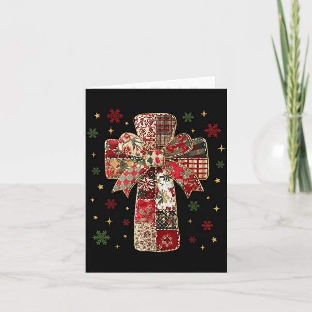 Patchwork Cross Christian Christmas Coquette Bow  Kort (Framsida)