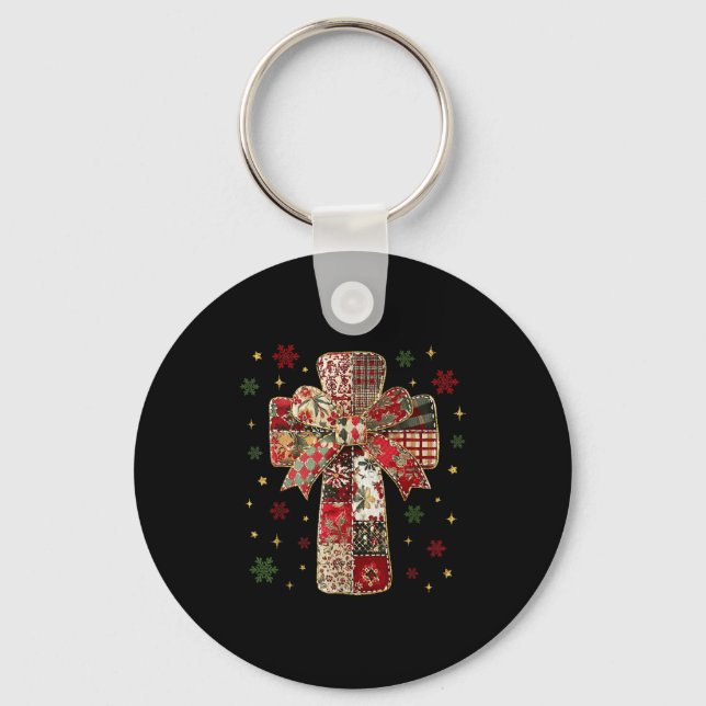 Patchwork Cross Christian Christmas Coquette Bow  Nyckelring (Framsida)