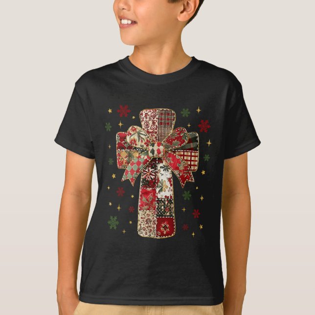Patchwork Cross Christian Christmas Coquette Bow  T Shirt (Framsida)