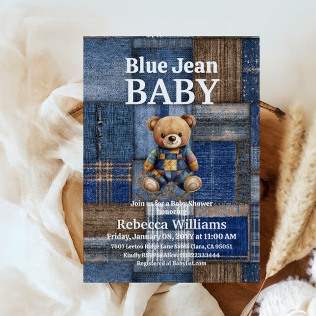 Patchwork Denim Björn Leksak Blå Jean Babyfirande Inbjudningar (Skapare uppladdad)