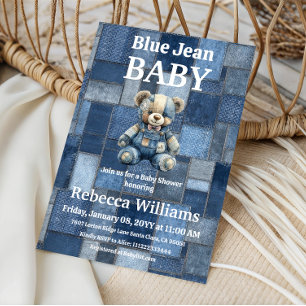 Patchwork Denim Björn Pojke Blå Jean Babyfirande Inbjudningar