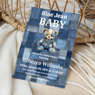 Patchwork Denim Björn Pojke Blå Jean Babyfirande Inbjudningar