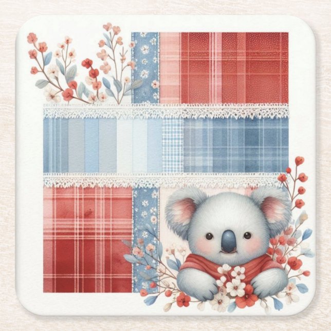 Patchwork Denim Koala Square Paper Coasters Underlägg Papper Kvadrat (Framsidan)
