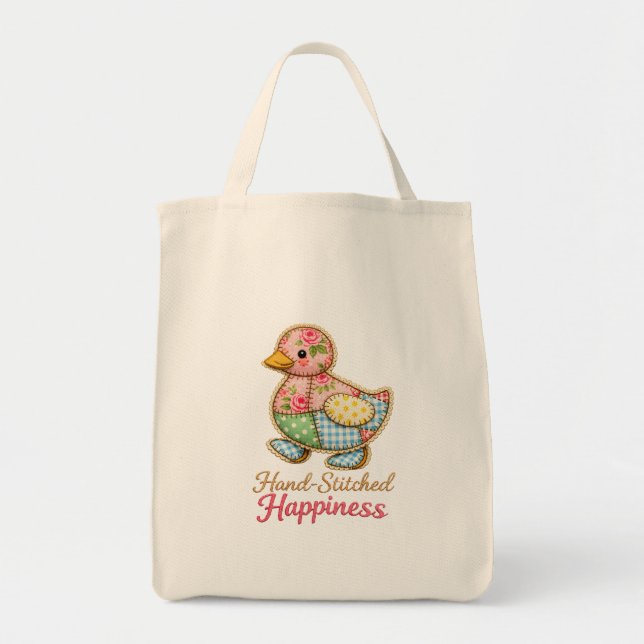 Patchwork Duck Tote Bag – ”Hand‑Stitched Happiness Tygkasse (Framsidan)