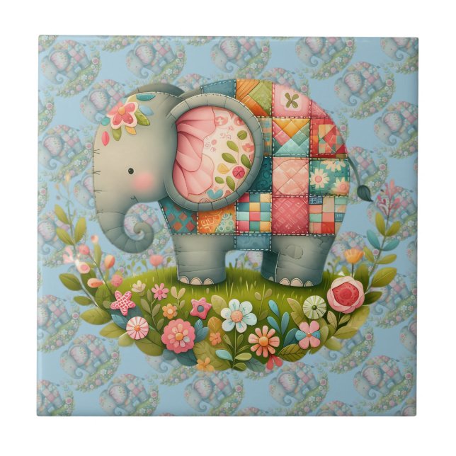 Patchwork Elephant Floral Meadow Charm Kakelplatta (Framsidan)