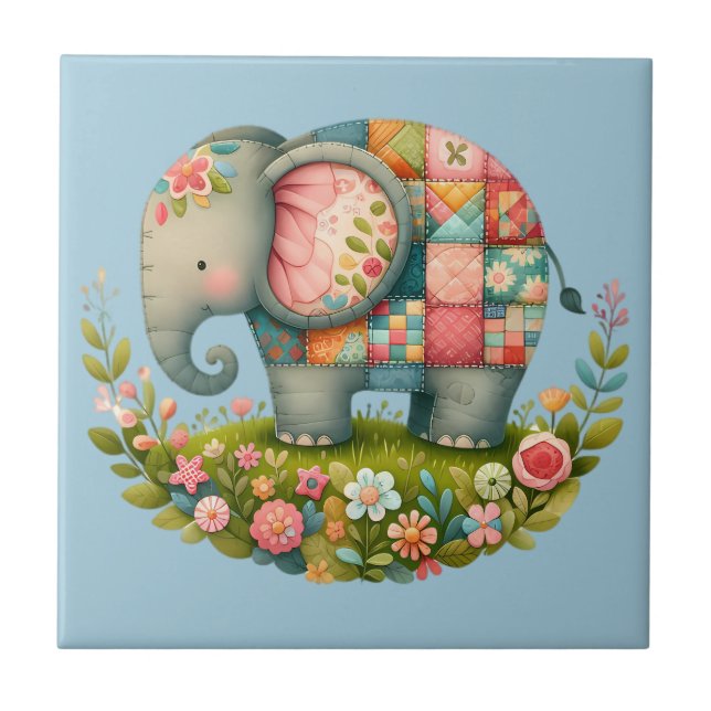 Patchwork Elephant Floral Meadow Charm Kakelplatta (Framsidan)
