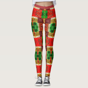 Patchwork Fabric Print Orange Grönt Guld Snyggt Leggings