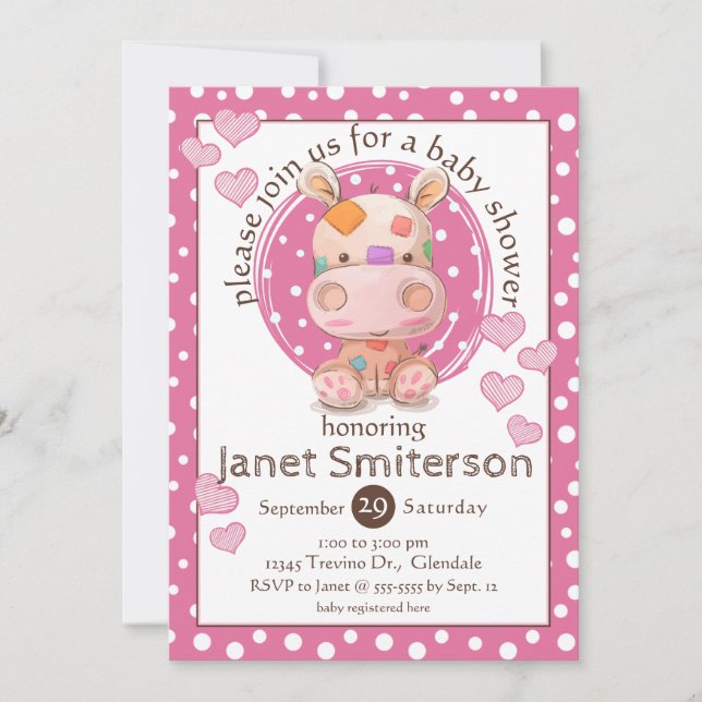 Patchwork-flodhäst baby shower, rosa inbjudningar (Framsida)