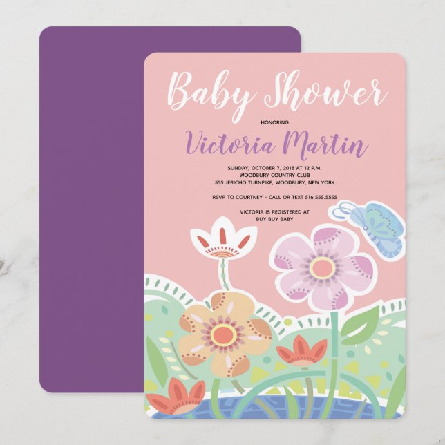 Patchwork Flowers Baby Shower-inbjudningar Inbjudningar (Fram/baksida)