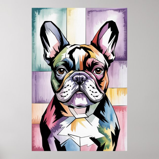 Patchwork Frenchie Geometrisk Neon Fransk Bulldog Poster (Framsidan)