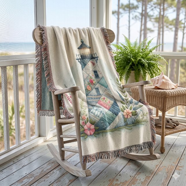 Patchwork Fyrtorn Kustnära Blommig Scen Filt (Patchwork Lighthouse Coastal Floral Scene Throw Blanket)