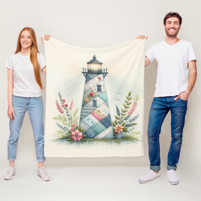 Patchwork Fyrtorn Kustnära Blommig Scen Fleecefilt (På plats)