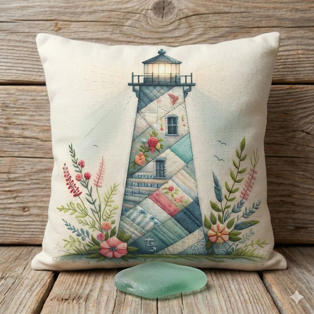 Patchwork Fyrtorn Kustnära Blommig Scen Kudde (Patchwork Lighthouse Coastal Floral Scene Throw Pillow )