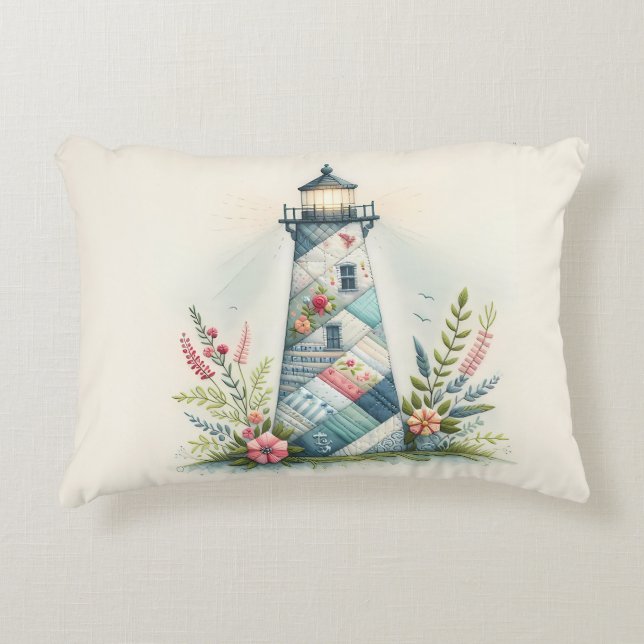 Patchwork Fyrtorn Kustnära Blommig Scen Prydnadskudde (Framsidan)