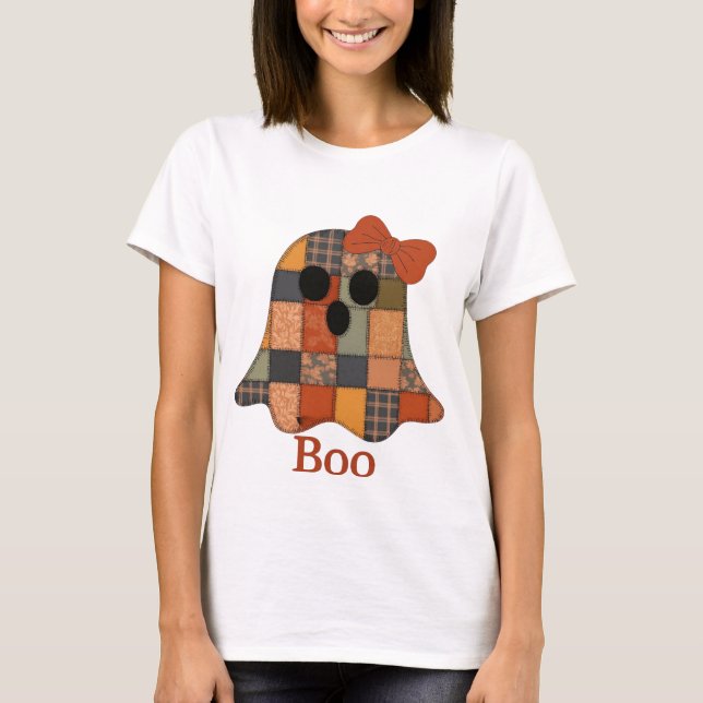 Patchwork Ghost BOO Tröja, Söt Halloween Ghost Te T Shirt (Framsida)