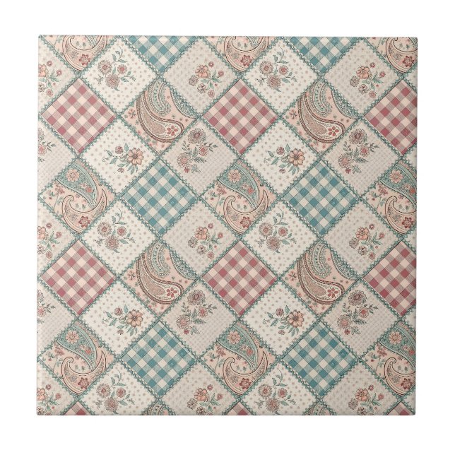 Patchwork Gingham & Quiltad Paisley Rutig Konst Kakelplatta (Framsidan)
