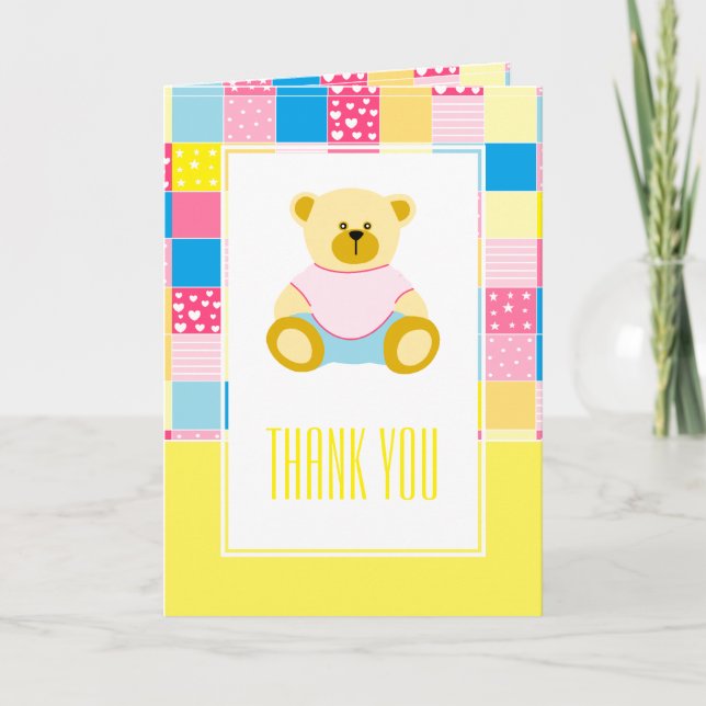 Patchwork Guld Bear, Baby Shower Tack Kort (Framsida)
