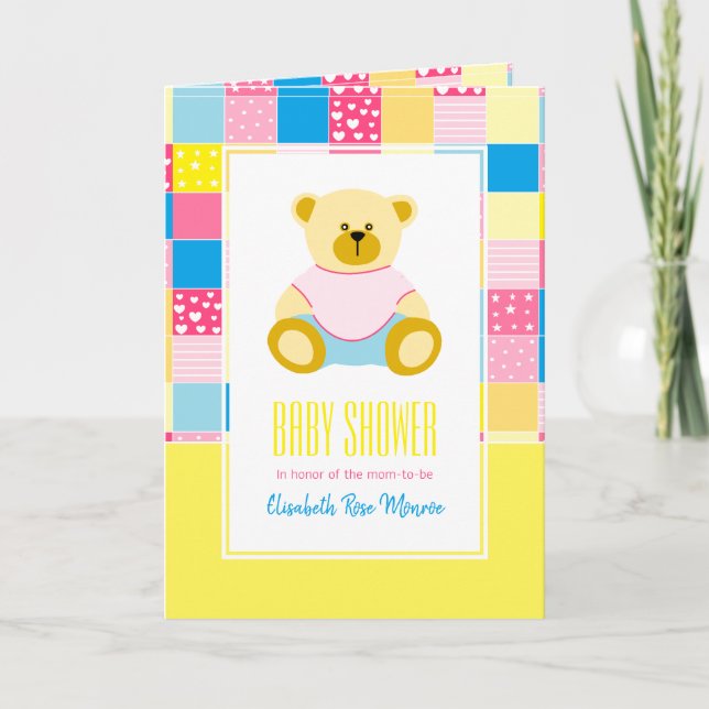 Patchwork Guld Björn, Baby Shower Inbjudan (Framsida)