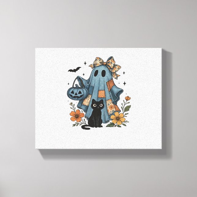 Patchwork Halloween Ghost black Cat Essential T-Sh Canvastryck (Framsida)