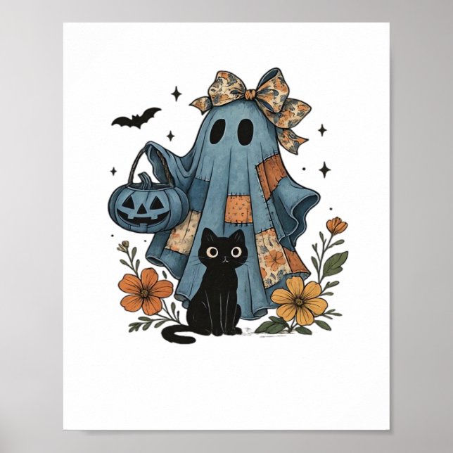 Patchwork Halloween Ghost black Cat Essential T-Sh Poster (Framsidan)