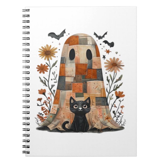 Patchwork Halloween Ghost och Cat, Retro Spooky F Anteckningsbok (Framsidan)