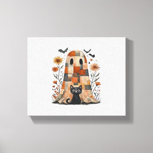 Patchwork Halloween Ghost och Cat, Retro Spooky F Canvastryck (Framsida)