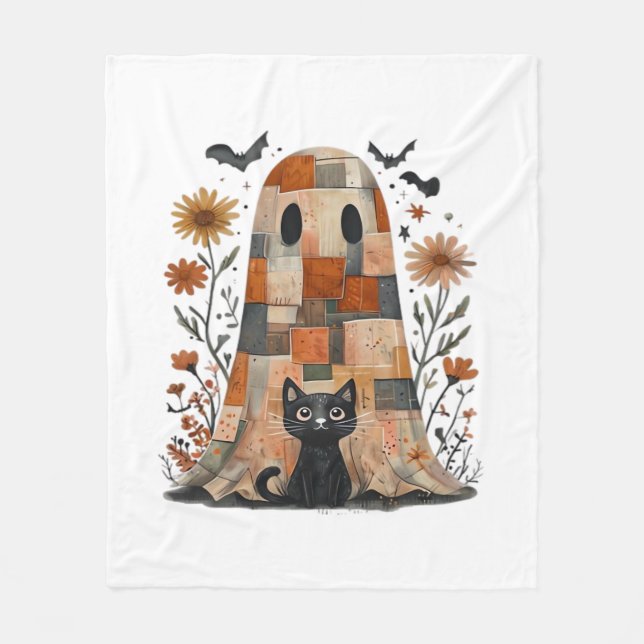 Patchwork Halloween Ghost och Cat, Retro Spooky F Fleecefilt (Framsidan)