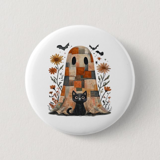 Patchwork Halloween Ghost och Cat, Retro Spooky F Knapp (Framsida)