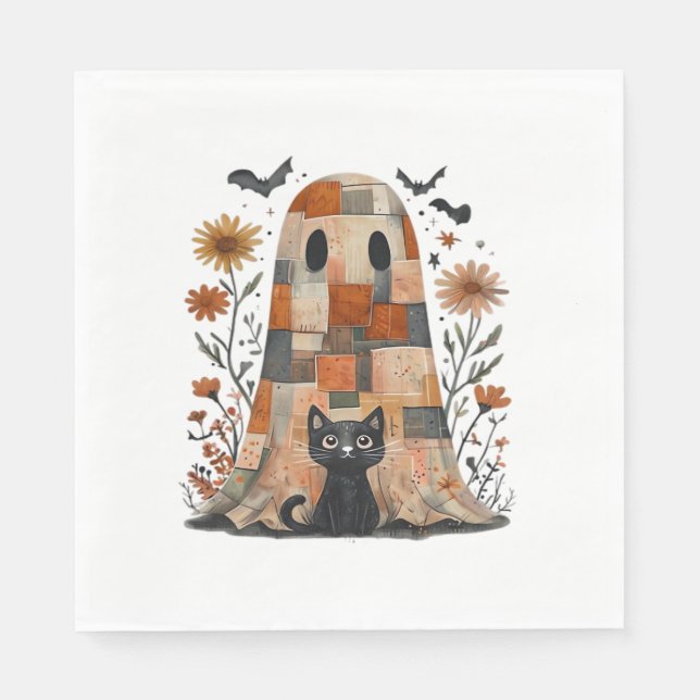 Patchwork Halloween Ghost och Cat, Retro Spooky F Pappersservett (Framsidan)
