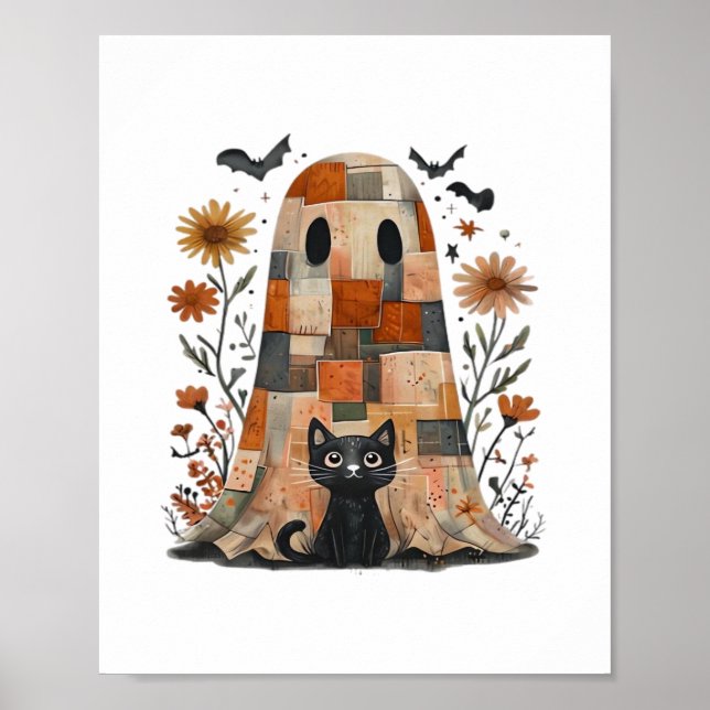 Patchwork Halloween Ghost och Cat, Retro Spooky F Poster (Framsidan)