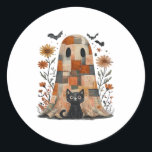 Patchwork Halloween Ghost och Cat, Retro Spooky F Runt Klistermärke<br><div class="desc">Patchwork Halloween Ghost and Cat ,  Retro Spooky Blommigt Halloween ,  Funny Halloween ,  Black Cat Oversized T-Shirt</div>