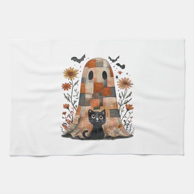 Patchwork Halloween-spöke och katt, Retro läskig F Kökshandduk (Horisontell)