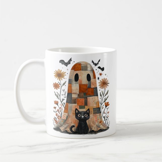 Patchwork Halloween-spöke och katt, Retro läskig Kaffemugg (Vänster)