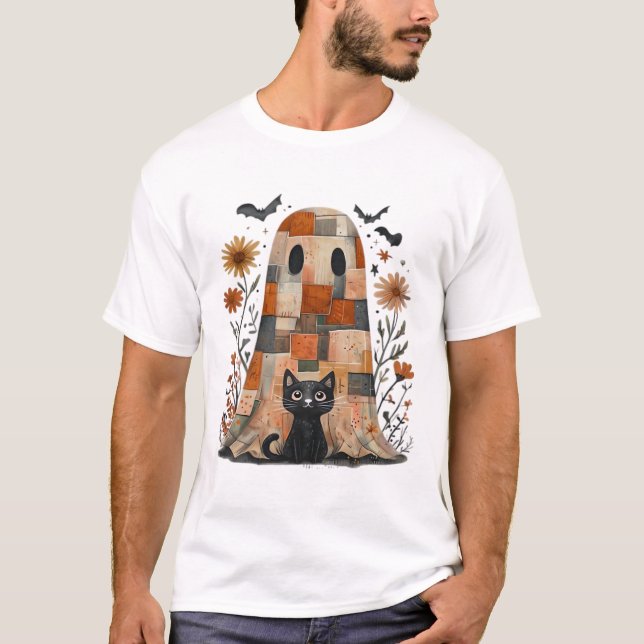 Patchwork Halloween-spöke och katt, Retro läskig T Shirt (Framsida)