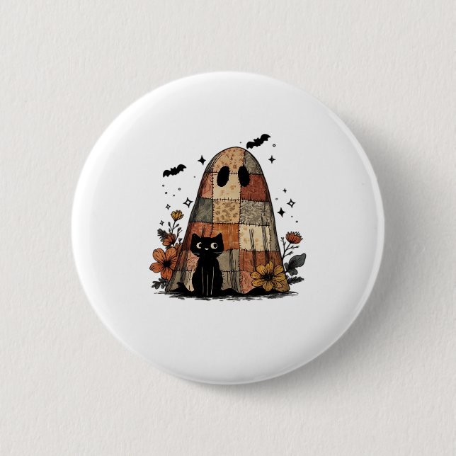 Patchwork Halloween-spöke svart katt Essential T-S Knapp (Framsida)